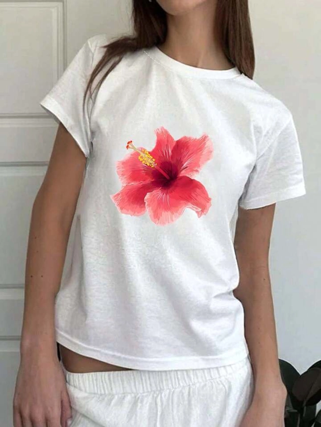 SHEIN EZwear T-shirt À Manches Courtes Et Imprimé Floral Style Y2k Pour L'été
