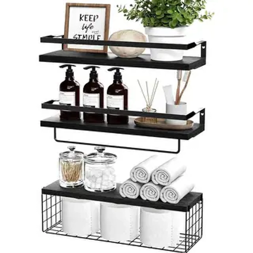 Floating Shelves with Storage Basket, Over Toilet Paper Holder Storage Shelves, Wall Mounted Rustic Wood Shelves ( Set of 3) | Overstock.com Shopping - The Best Deals on Shelves | 43800702