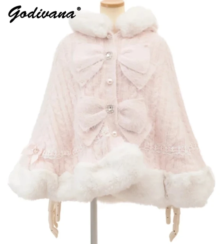 Japanese Liz Sweet Princess Faux Rabbit Fur Cape Coat Women Autumn Winter Fur Jacket Loose Clock Rhinestone Bow Hooded Coat