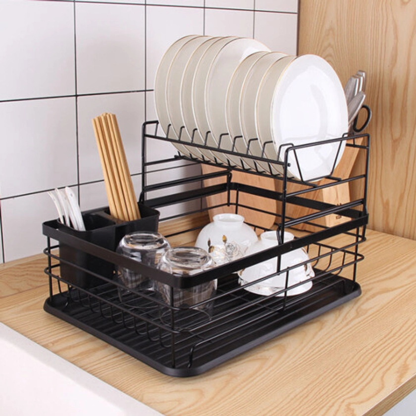 (Black) 2Tier Dish Drainer Rack with Drip Tray Cutlery Holder Plate Rack Kitchen Sink on OnBuy