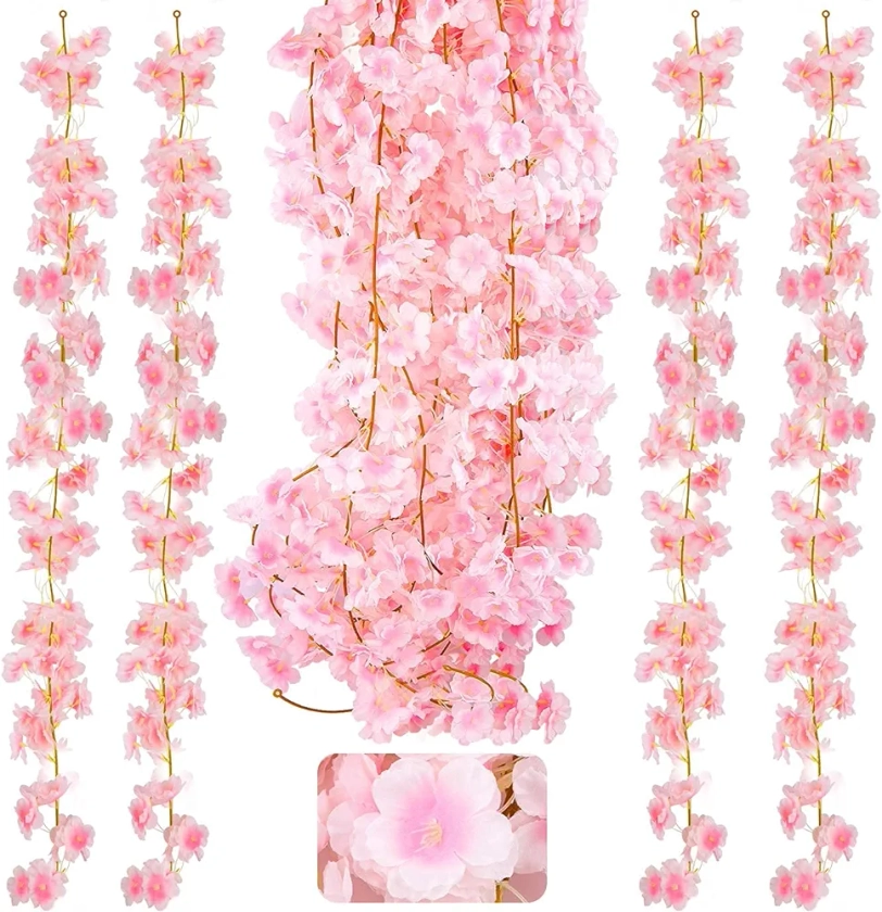 KONUNUS – Lot de 4 guirlandes de fleurs de cerisier artificielles de 1,8 m en soie à suspendre pour la maison, un mariage, un jardin, une décoration murale, une fête.
