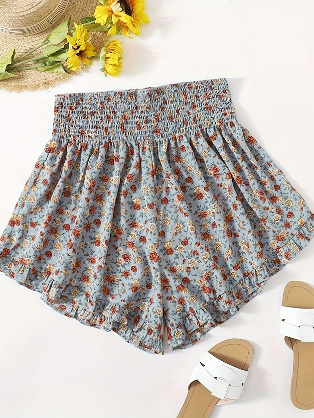 Plus Size Floral Print Ruffle Shorts, Casual Elastic Waistband Shorts For Spring &amp; Summer, Women&#39;s Plus Size Clothing