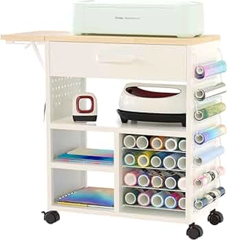 Rolling Craft Storage Cart with Crafting Table Organization Workstation - Compatible with Cricut Machines, Craft Rolling Storage Organizer with Vinyl Roll Holder，Crafting Cabinet Workstation