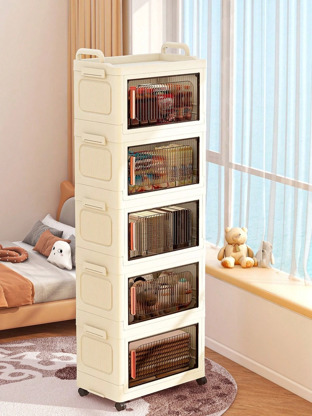 2/3/4/5 Tier Rolling Multifunctional Cart - Single-Door Foldable Storage Box Cabinet - Durable Heavy Plastic, Space-Saving Kitchen Storage Rack For Snacks And Beverages, Bookshelf, Clothing Organizer, Equipped With Smooth Wheels, Suitable For Kitchen, Living Room, Study Room, Bedroom