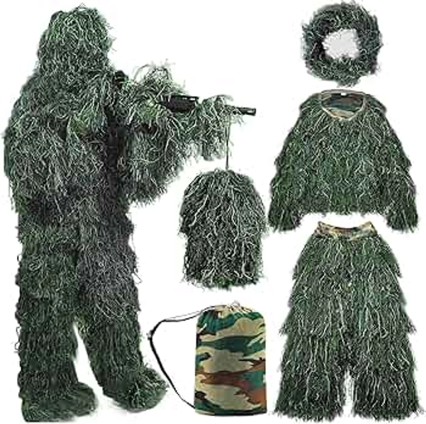 5 in 1 Ghillie Suit,3D Camouflage Hunting Apparel Including Jacket,Pants,Hood,Carry Bag Suitable for Kids Boy Men Adults Youth