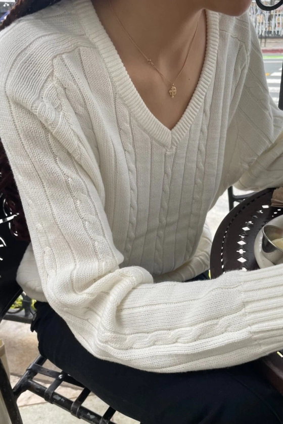 Ida Cotton Cable Knit V-Neck Sweater