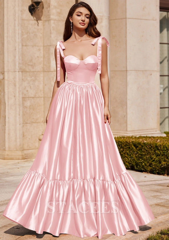 A-line Sweetheart Sleeveless Floor-Length Satin Prom Dress with Pleated Ruffles S7591P - Prom Dresses - Stacees