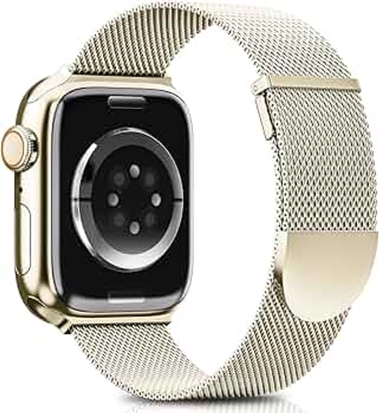 Higgs Strap Compatible with Apple Watch Straps 10 42mm 41mm 40mm 38mm for Women and Men, Dual Magnetic Adjustable Band for iWatch Series 9 8 SE 7 6 5 4 3 2 1,Champagne Gold Stainless Steel Metal