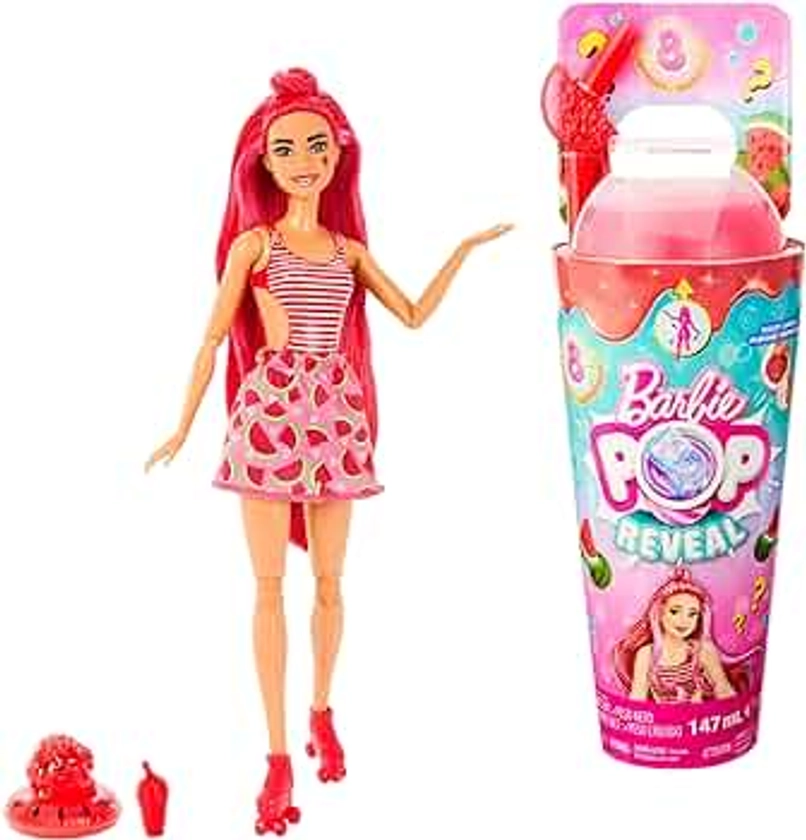 Barbie Pop Reveal Fruit Series Doll, Watermelon Crush Theme with 8 Surprises Including Pet & Accessories, Slime, Scent & Color Change, HNW43