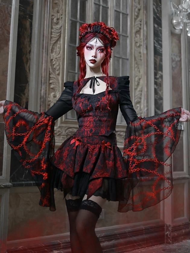 Blood Supply-Blusa gótica de manga larga con encaje bordado, Blusa Punk de malla ahuecada para Halloween, color rojo, negro y rosa, Original, Verano - AliExpress