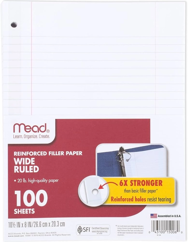 Mead Loose Leaf Paper, Notebook Paper, Wide Ruled Filler Paper, Reinforced, 8 x 10.5, 100 Sheets (15006), White