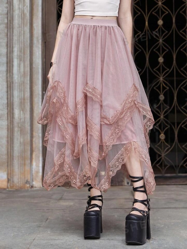 ROMWE Goth Contrast Lace Asymmetrical Hem Mesh Skirt