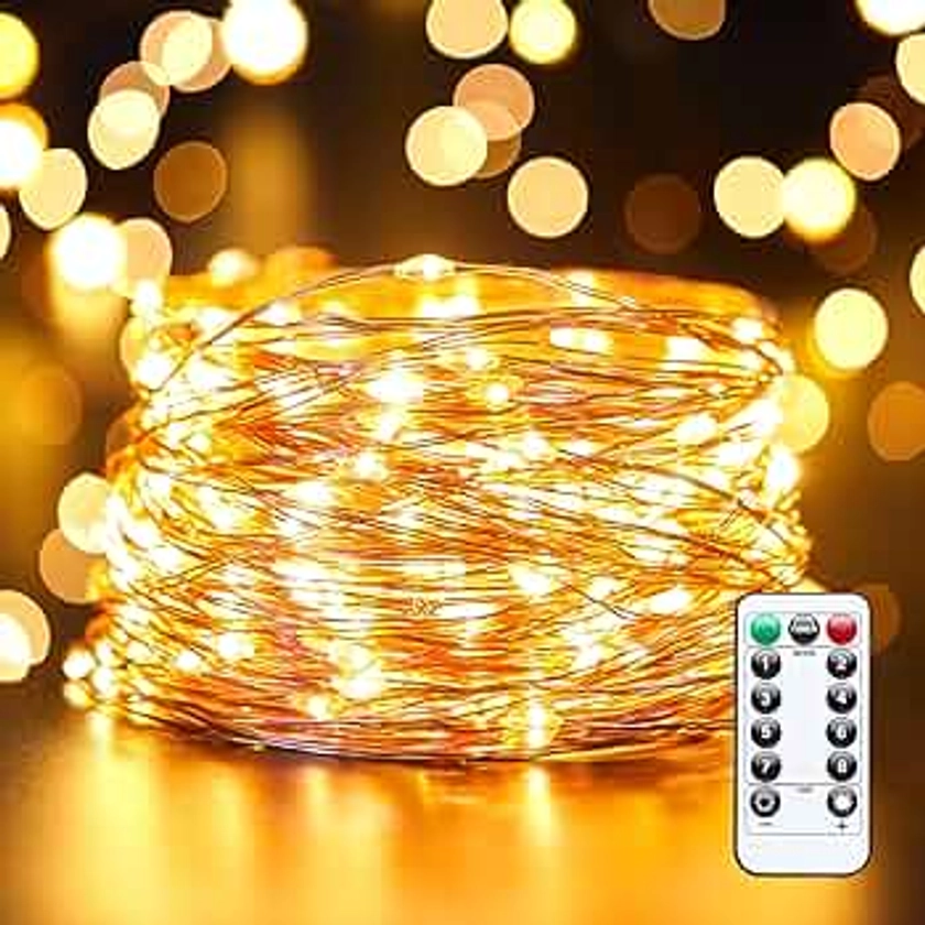 66Ft 200 LED Outdoor String Lights, Warm White Fairy Lights Battery Operated with Remote, Waterproof Twinkle Lights for Bedroom Dorm Patio Tapestry Backyard Garden Party Indoor Christmas Decoration