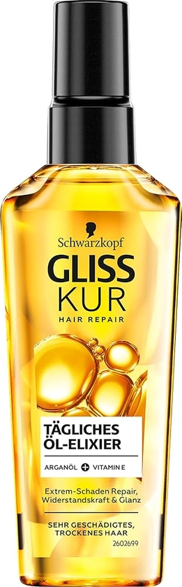 Gliss Kur Hair Oil Daily Oil Elixir (75 ml), Hair Oil for Dry Hair Nourishes and Refines Hair Without Oily Residue, Contains Argan Oil and Vitamin E