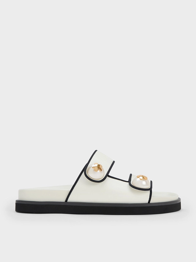White Pearl Embellished Contrast-Trim Slides | CHARLES & KEITH