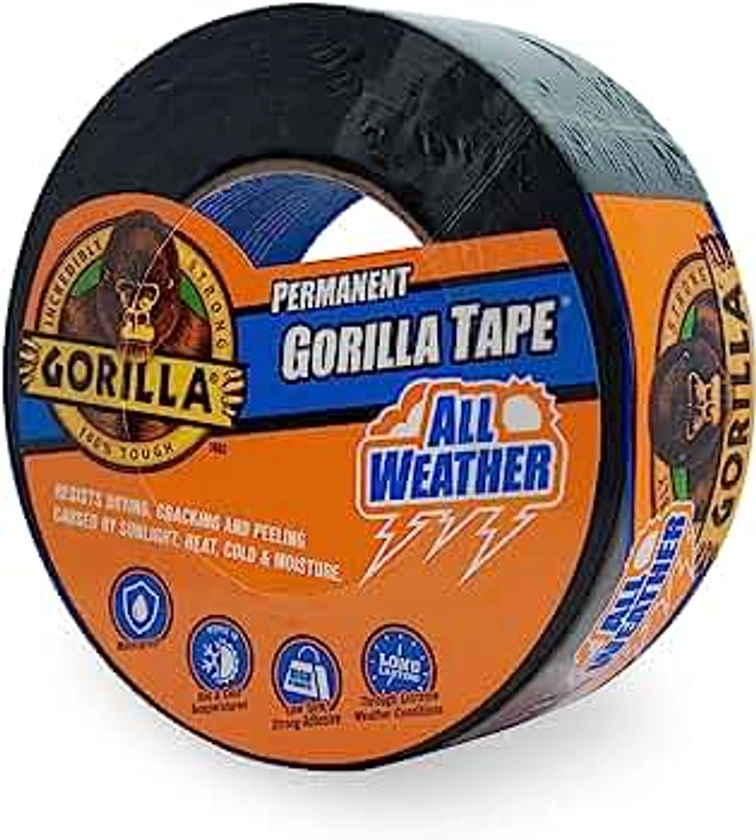 Gorilla All Weather Outdoor Waterproof Duct Tape, UV and Temperature Resistant, 1.88" x 25 yd, Black, (Pack of 1)