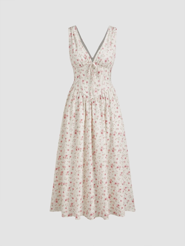 Woven V-neck Floral Knotted Corset Ruffle Midi Dress For Daily Casual Date