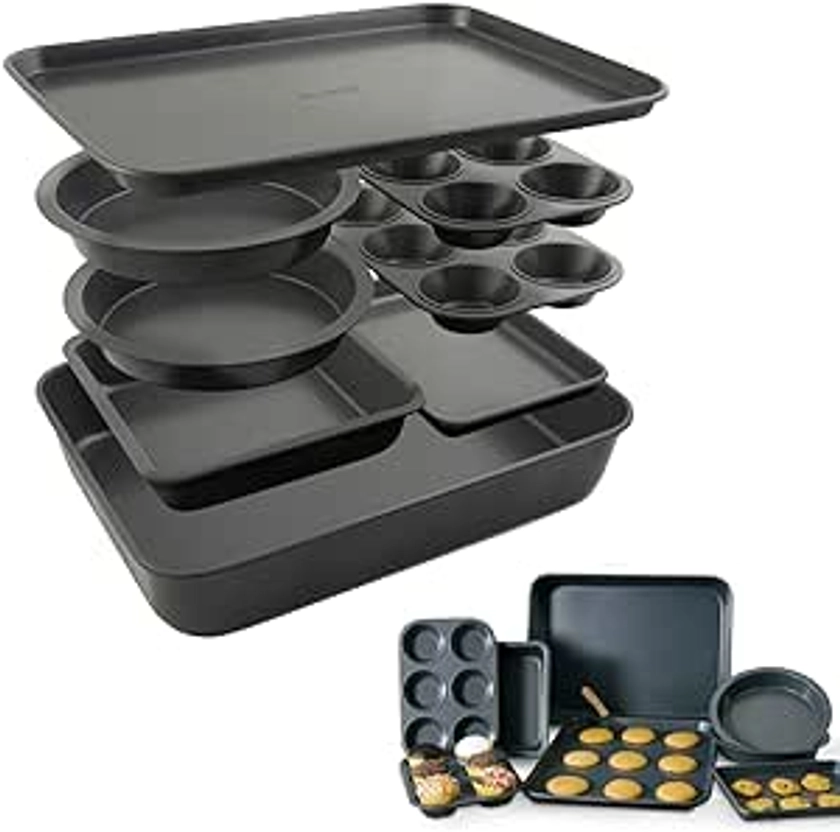 Amazon.com: Elbee Home 8-Piece Nonstick Aluminized Steel, Space Saving Baking Set , With Deep Roasting Pan, Cookie Sheet, Cake Pans, Muffin Pans and Baking Pan PFOA & PFOS Free: Home & Kitchen