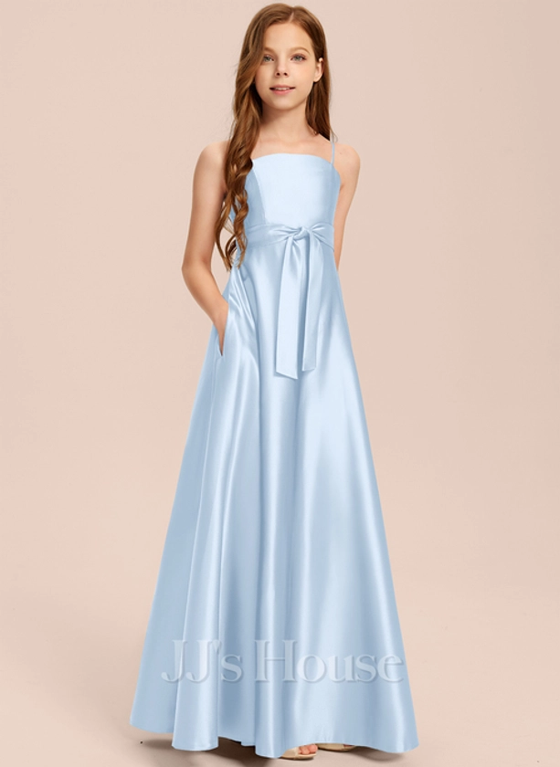 [US$ 59.00] A-line Square Floor-Length Satin Junior Bridesmaid Dress With Bow (009285703)