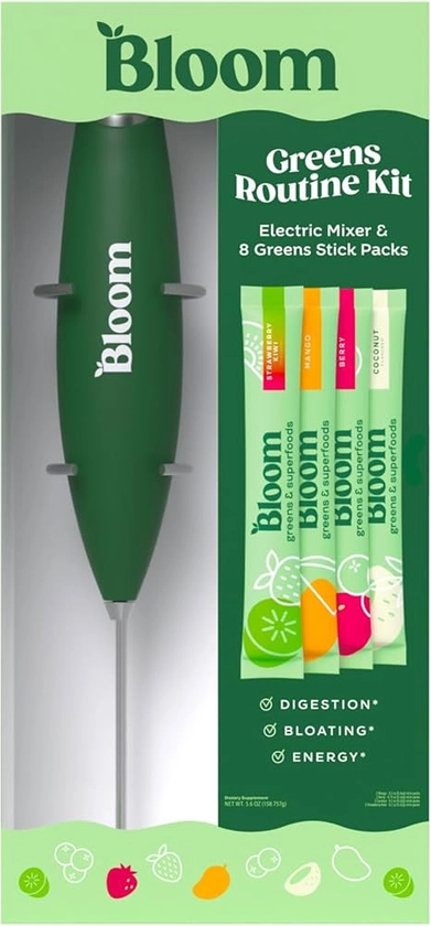 Bloom Nutrition Electric Hand Mixer & 8 Super Greens Powder Stick Packs