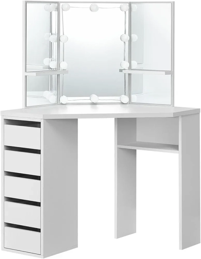 Juskys Coiffeuse d'angle Nova avec éclairage LED, Miroir, 5 tiroirs et 3 Planches, 100 x 54 x 140 cm, Bois MDF, Blanc, Coiffeuse Table de Maquillage