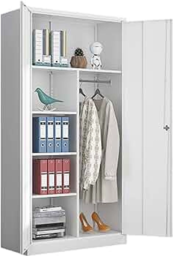 Yizosh Metal Armoire Wardrobe Closet Cabinet for Hanging Clothes with Lock Doors, -72" Steel Lockable Wardrobe Storage Locker Clothes Organizer for Bedroom, Laundry Room (White)