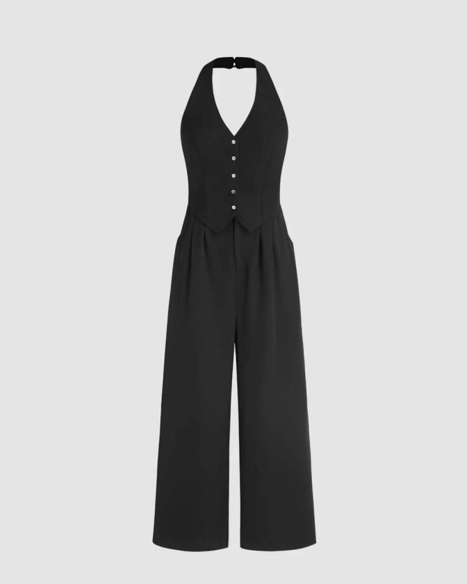 Halter Neck Front  Button And Wide Leg Trouser Jumpsuit In Black