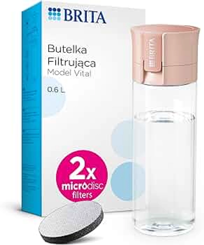 BRITA Water Filter Bottle Apricot (600ml) incl. 2x MicroDisc Filters - portable water filtration bottle for hydration on-the-go, filters chlorine, organic impurities, hormones and pesticides