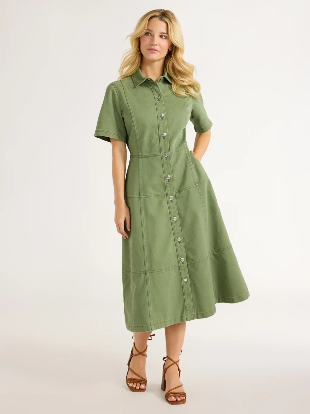 Free Assembly Women's Button Front Cotton Midi Dress with Short Sleeves, XS-XXL