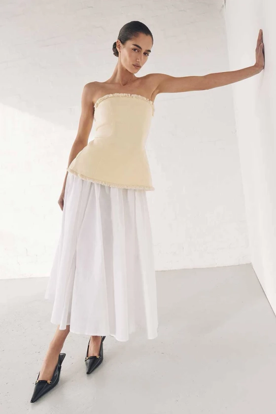 TIA WHITE LINEN CIRCLE MIDI SKIRT