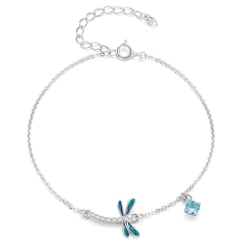 Dragonfly Bracelet 925 Sterling Silver, white gold plated, with white and light blue cubic zirconia and adjustable length