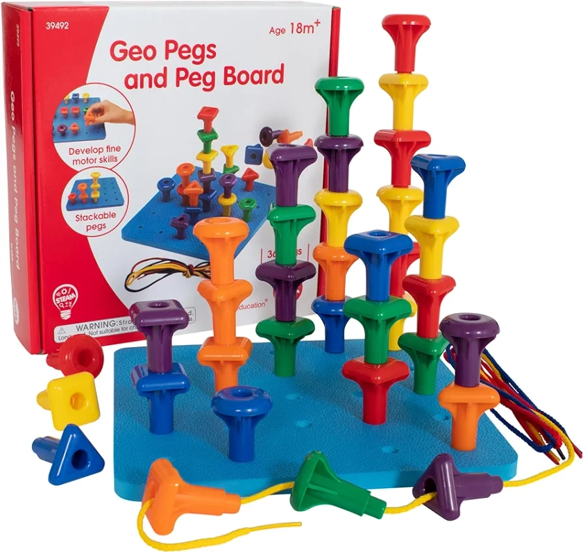 edxeducation Geo Pegs and Peg Board Set - 36 Pegs in 3 Shapes and 6 Colours + 3 Laces - Ages 18m+ - Homeschooling Supplies for Preschool Activities
