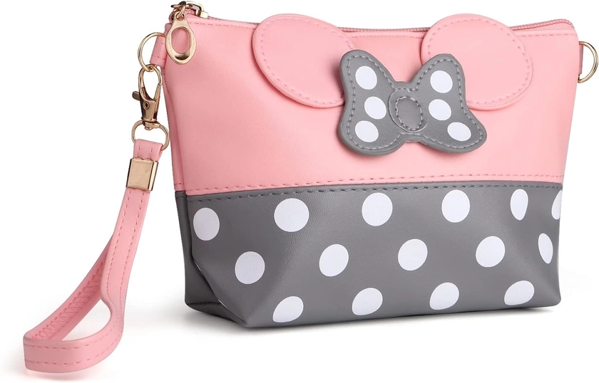 yiwoo Cartoon Leather Travel Makeup Handbag, Cute Portable Cosmetic Bag Toiletry Pouch for Women Teen Girls Kids(Pink)