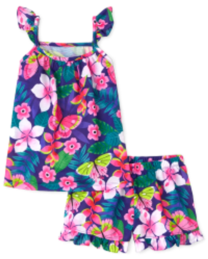 Girls Short Sleeve Floral Ruffle Pajamas | The Children's Place - MIDNGHTVLT NEON