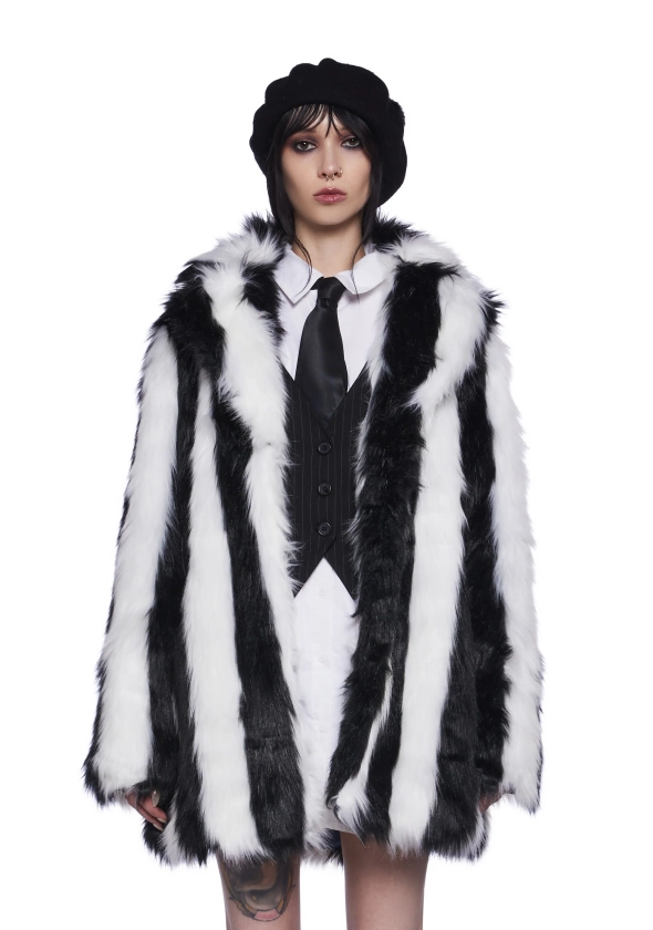 Dolls Kill X Beetlejuice Faux Fur Striped Coat - Black/White