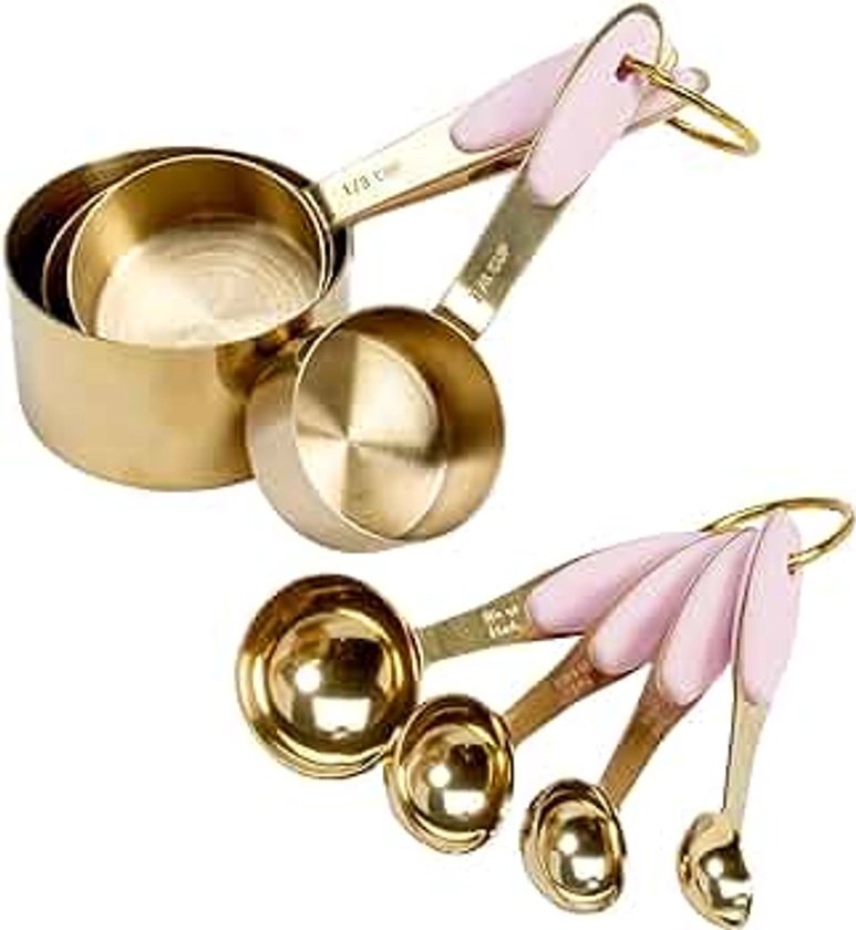 Paris Hilton Measuring Cups and Spoons Set, Stainless Steel with Pink Silicone Inset Handle, Dishwasher Safe, For Dry and Liquid Ingredients, 8-Piece Set, Gold and Pink