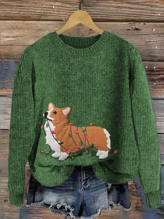 Funny Christmas Corgi Dog Embroidered Cozy Sweater