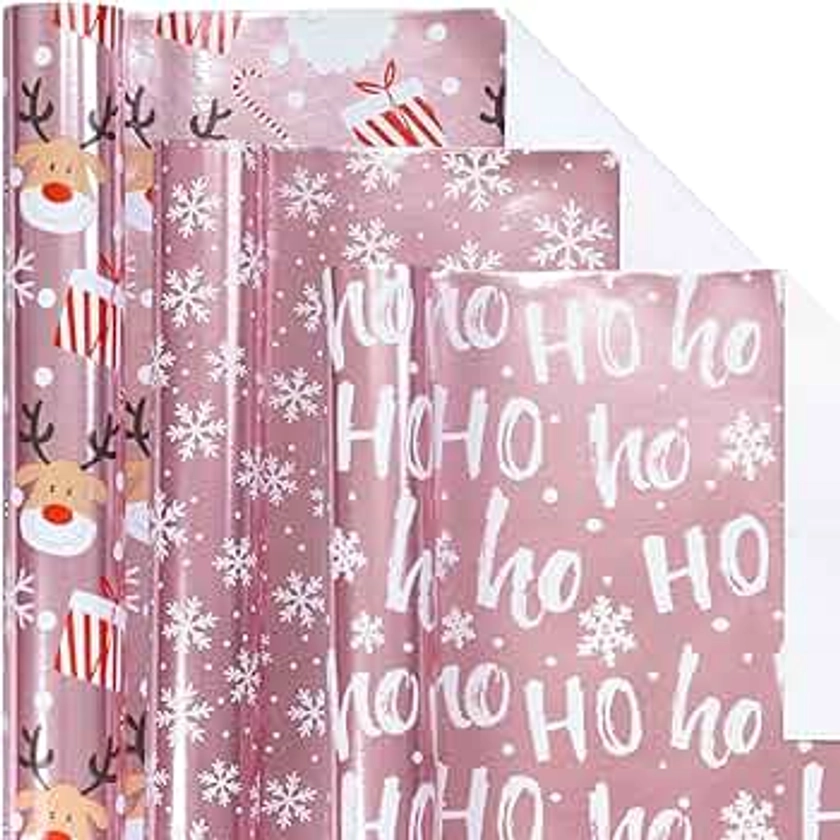 LeZakaa Christmas Wrapping Paper Mini Roll, Pink Metallic Foil Shine Paper - Snowflakes/Santa Claus/HO Print for Gift Wrap, Arts Crafts - 17 x 120 inches - 3 Rolls (42.5 sq.ft.ttl.)