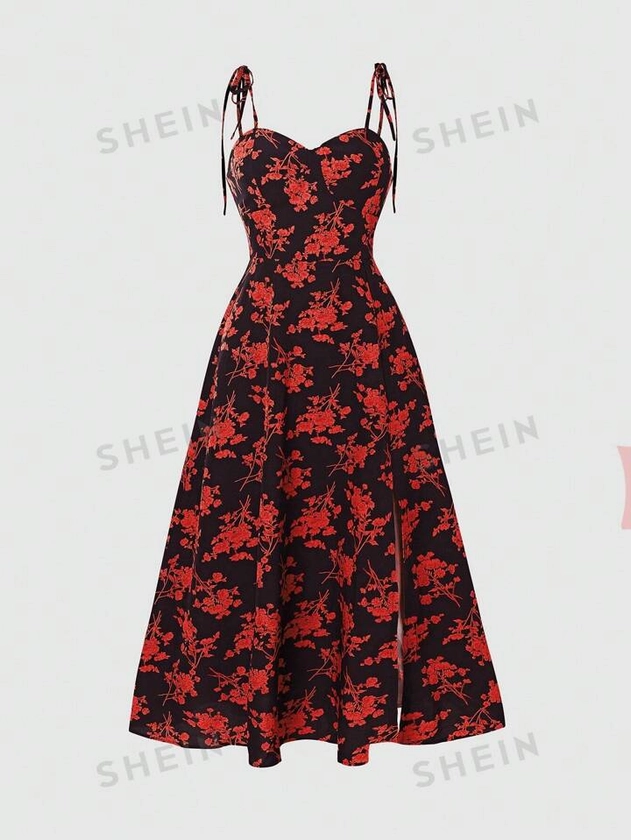 SHEIN Frenchy Vestido maxi de ensueño con estampado floral, ideal para vacaciones y tiempo libre, con abertura en el dobladillo