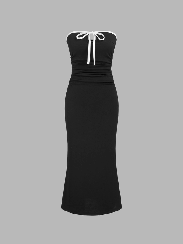 Jersey Strapless Contrasting Binding Knotted Ruched Midi Dress