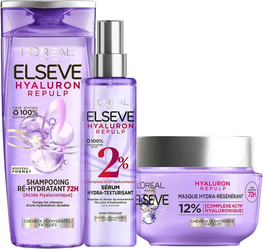 L'Oréal Paris - Routine de Soins Capillaires pour Cheveux Déshydratés - Hydratation 72H - À l'Acide Hyaluronique - 3 Produits - Shampooing, Sérum & Masque - Elseve Hyaluron Repulp