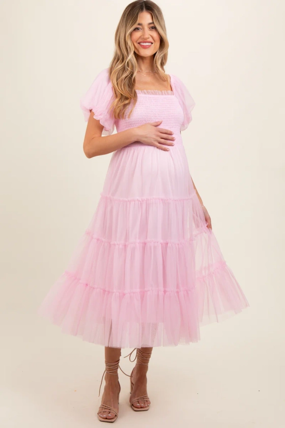 Light Pink Smocked Tiered Tulle Maternity Midi Dress