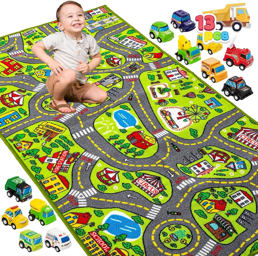 JOYIN Tapis de chambre d'enfant, 80 x 150 cm, avec 12 mini jouets de voiture, pour enfants à partir de 3 ans, tapis de jeu, rue, tapis de voiture, pour garçon et fille, pour chambre à coucher et salle