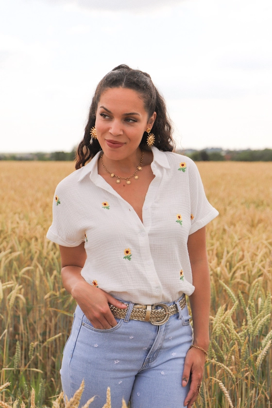 Chemise gaze de coton blanc brodée - Madie