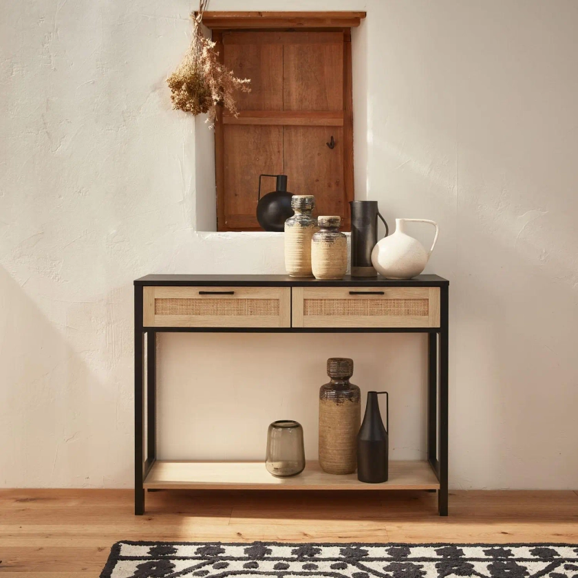 Console scandinave effet bois et cannage