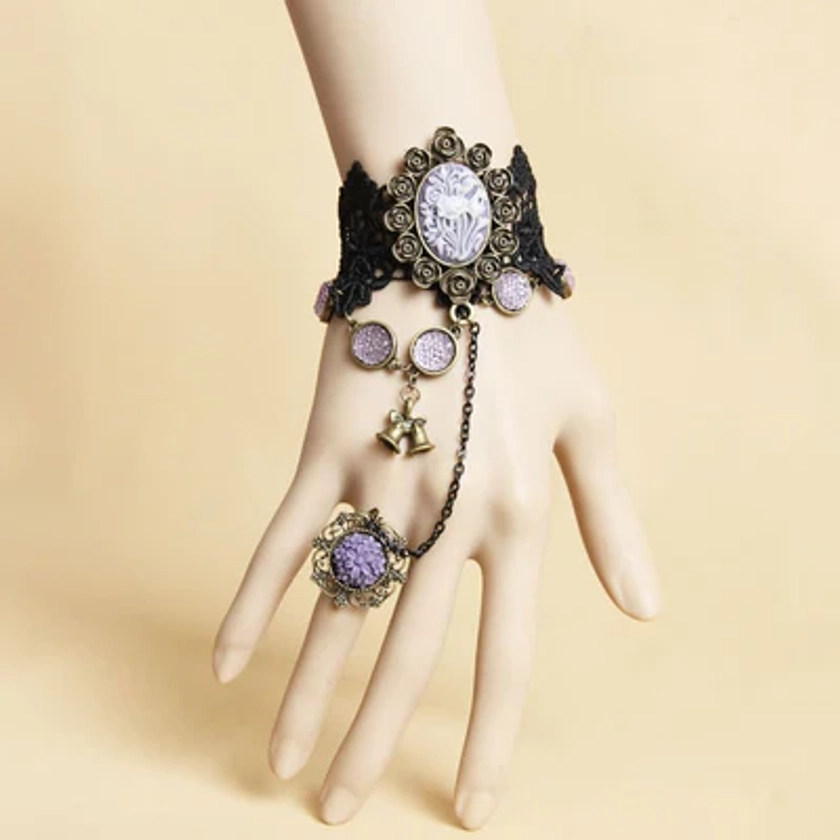 Purple Vintage style Gothic Hand Harness / bracelet + Ring
