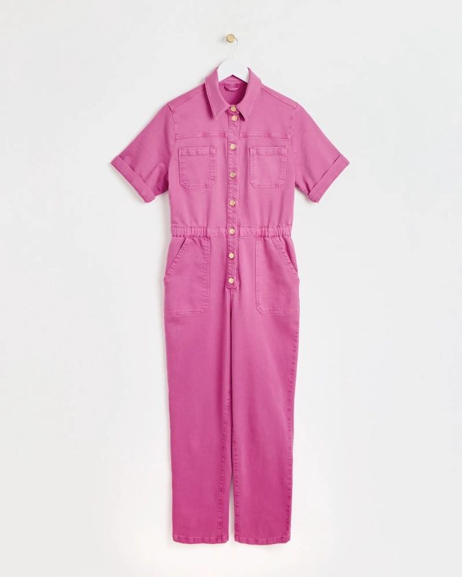 Rose Pink Denim Short Sleeve Jumpsuit