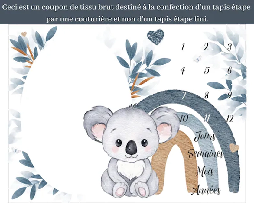 Coupon de Tissu coton Koala Bleu pour panneau de couverture tapis étape 75x100cm Oeko-Tex - Idéal pour réaliser un tapis photo bébé