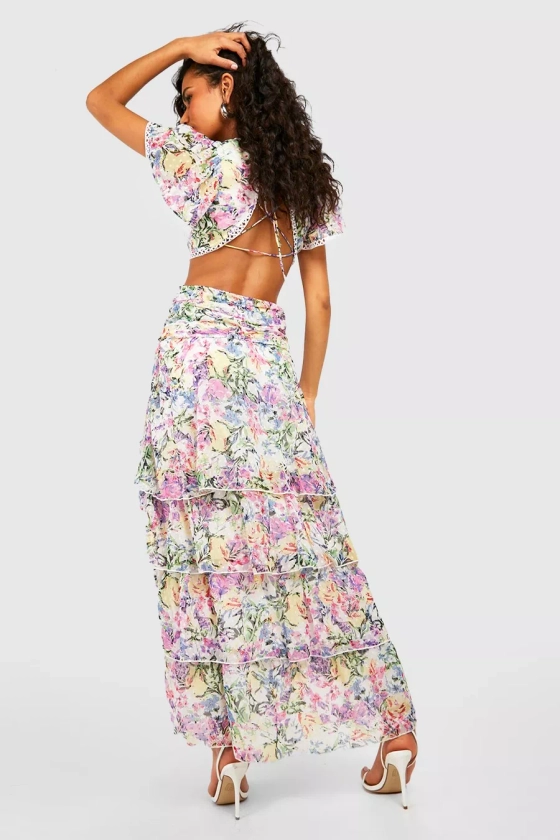 Floral Dobby Cut Out Ruffle Maxi Dress