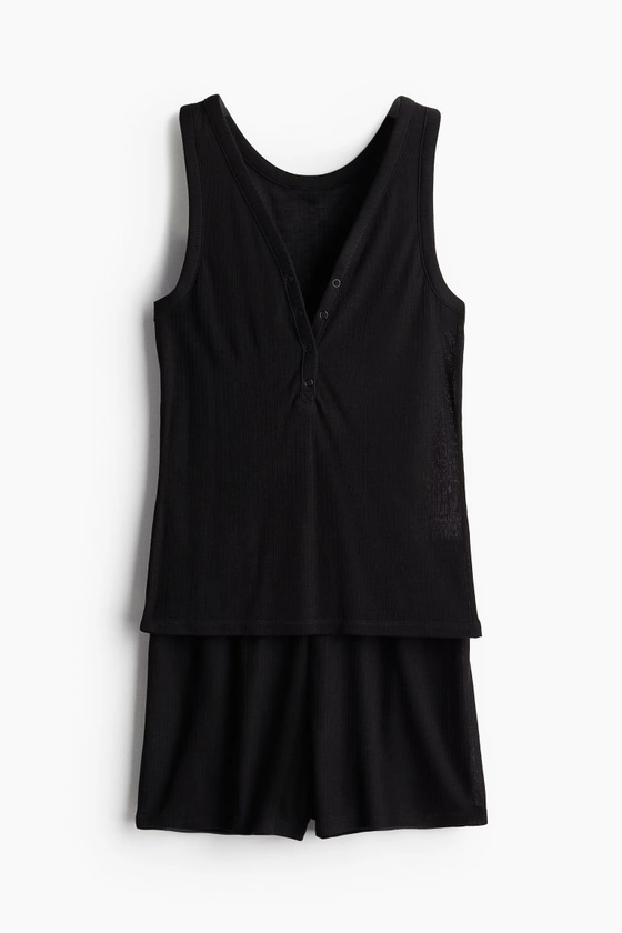 Pajama Tank Top and Shorts - V-neck - Sleeveless - Black - Ladies | H&M US